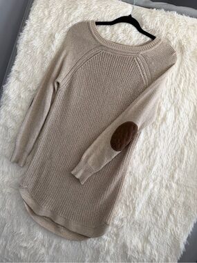 Womens Elbow Patch Knit Tunic Sweater Size S Beige Preppy Academia Cabincore